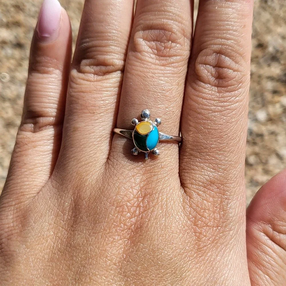 Native American Handmade Mini Turtle Multi Stones Zuni Inlay Ring Turquoise Opal
